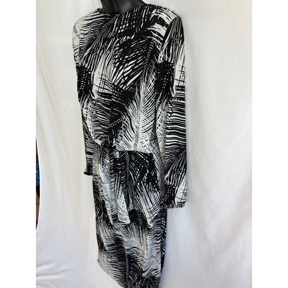 Ra Ju Palm Midi Dress Size M Black White Tropical Front Tie Abstract Classy - Picture 3 of 12